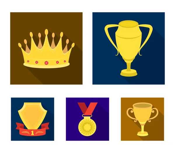 Une tasse d'argent, une couronne d'or avec des diamants, une médaille du lauréat, un signe d'or avec un ruban rouge.Prix et trophées ensemble icônes de la collection dans le style plat vectoriel symbole illustration web . — Image vectorielle