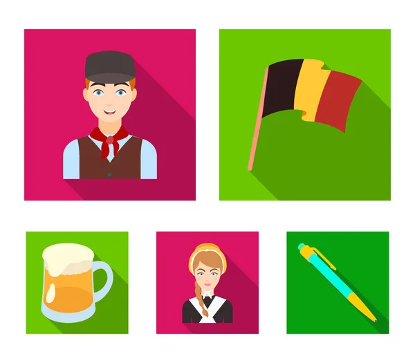 Nemzeti zászló, a belgák és a szimbólumot az ország. Belgium településen lapos stílusú vektor szimbólum stock illusztráció web ikonok gyűjtemény. — Stock Vector