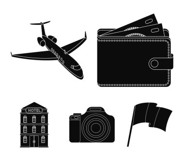 Tatil, seyahat, cüzdan, para. Dinlenmek ve küme toplama simgeler siyah stil vektör simge stok çizim web içinde seyahat.