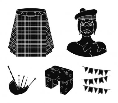 Highlander, İskoç Viking, tartan, İskoç eteği, İskoç eteği, çörek taş, ulusal müzik aleti bagpipes. İskoçya toplama simgeler siyah stil vektör simge stok çizim web içinde ayarla..