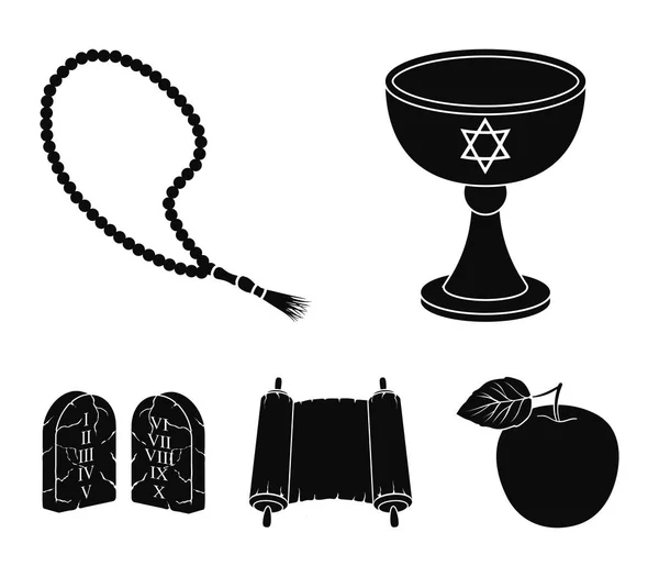 Ein Becher Wein, islamische Perlen, zehn Gebote, Tanach. Religion Set Sammlung Symbole im schwarzen Stil Vektor Symbol Stock Illustration Web. — Stockvektor