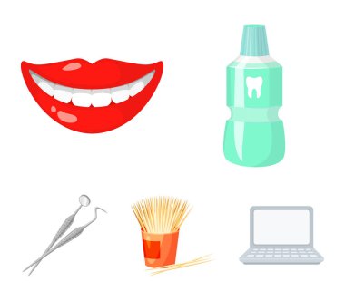 Kavanoz, dudak, diş, kürdan kavanozun içinde tıp aletleri için diş hekimi diş steril sıvı. Diş Bakımı toplama simgeler karikatür tarzı vektör simge stok çizim web içinde ayarla..