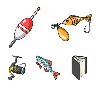 Balıkçılık, balık, catch, kanca. Balık tutma toplama simgeler karikatür tarzı vektör simge stok çizim web içinde ayarla..