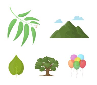Dağ, bulut, ağaç, dal, yaprak. Orman toplama simgeler karikatür tarzı vektör simge stok çizim web içinde ayarla..