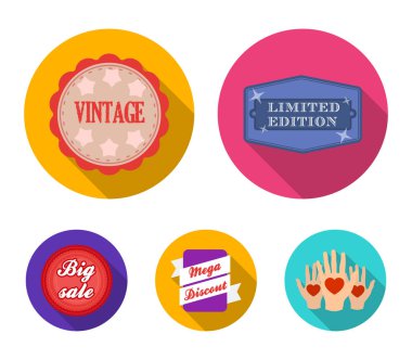 Sayılı seri, vintage, mega discont, kazmak Satılık. Etiket, toplama simgeler düz stil vektör simge stok çizim web ayarla.