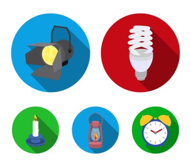 Ekonomi lamba, projektör, gaz lambası, mum. Işık kaynağı toplama simgeler düz stil vektör simge stok çizim web içinde ayarla..