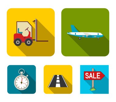 Kargo uçağı, forklift, kronometre, yol. Lojistik Simgeler düz stil vektör simge stok çizim web içinde ayarla..