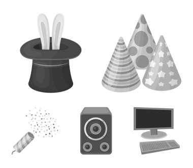 Hileci, müzik ve diğer aksesuarlar partide. Parti ve partits tek renkli stil vektör simge stok çizim web simgeler ayarla.