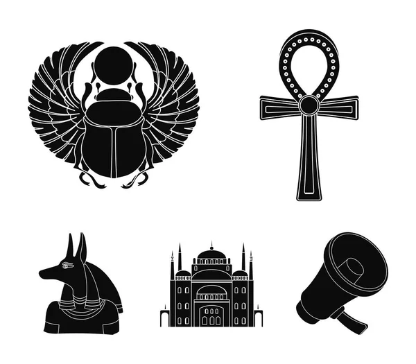 Anubis, Ankh, ciudadela de El Cairo, escarabajo egipcio.Antiguo Egipto conjunto de iconos de la colección en el estilo negro vector símbolo stock illustration web . — Vector de stock