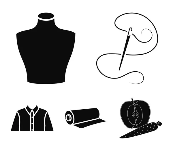 Una camicia mans, un manichino, un rotolo di tessuto, ago e filo. Atelier set icone di raccolta in stile nero vettore simbolo stock illustrazione web . — Vettoriale Stock