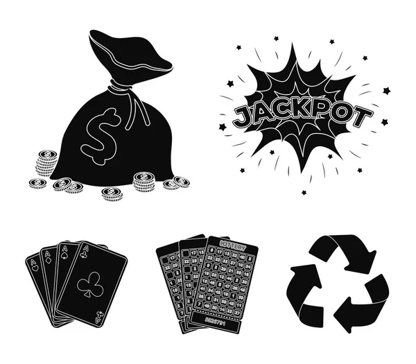 Sudor Jack, una bolsa con dinero ganado, cartas para jugar Bingo, jugar a las cartas. Casino y juegos de azar conjunto de iconos de colección en negro estilo vector símbolo stock ilustración web . — Vector de stock