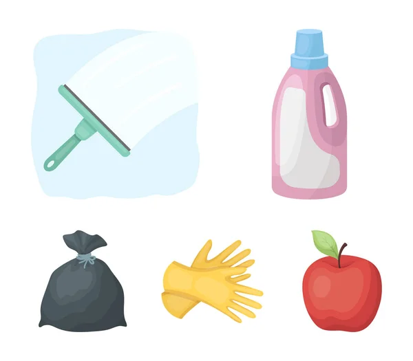 Гель для мытья в розовой бутылке, желтые перчатки для чистки, щетка для стекла, черный пакет для мусора или отходов. Иконки коллекции наборов для очистки в паутине с векторными символами . — стоковый вектор