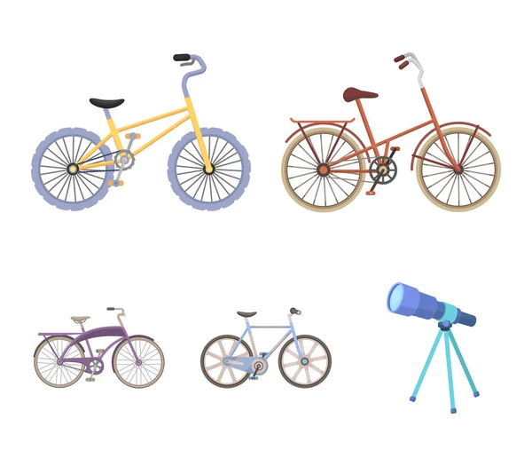 어린이 자전거 그리고 다른 종류입니다. 다른 자전거 만화 스타일 벡터 기호 재고 일러스트 웹 컬렉션 아이콘 설정. — 스톡 벡터
