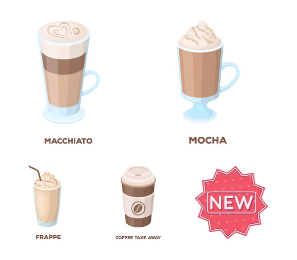 Mocha, macchiato, frappe, tomar café.Diferentes tipos de ícones de coleção de conjuntos de café em desenho animado estilo vetor símbolo estoque ilustração web . —  Vetores de Stock