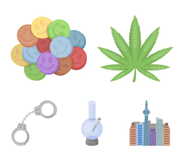 Hemp leaf, ecstasy pill, handcuffs, bong.Drug set collection icons in cartoon style vector symbol stock illustration web. — Stock Vector