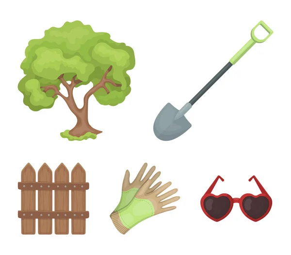 Una pala con un mango, un árbol en el jardín, guantes para trabajar en una granja, una cerca de madera. Granja y jardinería conjunto colección iconos en el estilo de dibujos animados vector símbolo stock ilustración web . — Vector de stock