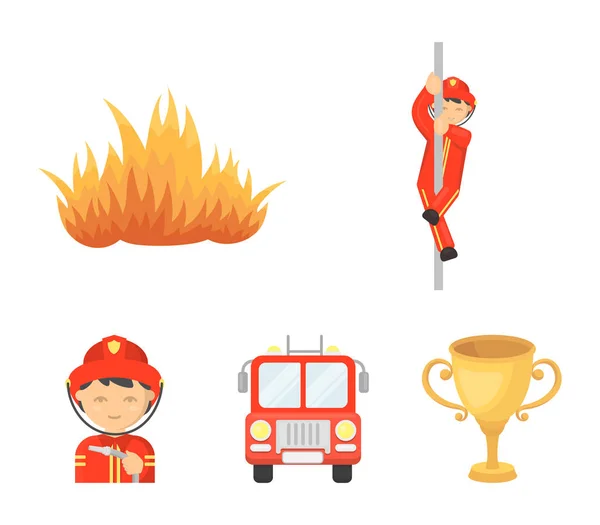 Pompiere, pompiere, camion dei pompieri. I vigili del fuoco impostano icone di raccolta in stile cartone animato vettore simbolo stock illustrazione web . — Vettoriale Stock