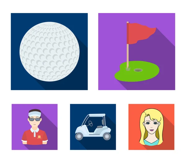 Veld met een gat en een vlag, een golfbal, een golfer, een elektrische golfkar. Golf club instellen collectie iconen in vlakke stijl vector symbool stock illustratie web. — Stockvector