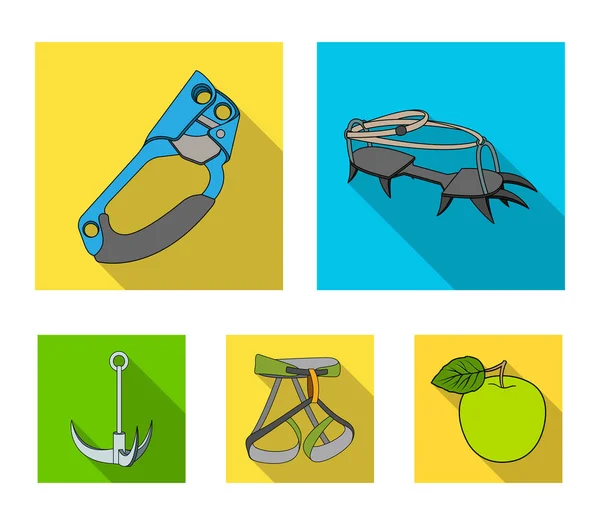 Gancho, arnés montañero, seguros y otros equipos. colección conjunto de alpinismo iconos en el estilo plano vector símbolo stock ilustración web . — Archivo Imágenes Vectoriales