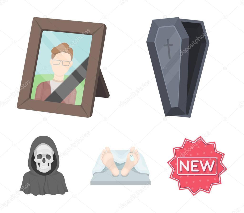 Coffin with a lid and a cross, a photograph of the deceased with a mourning ribbon, a corpse on the table with a tag in the morgue, death in a hood. Funeral ceremony set collection icons in cartoon