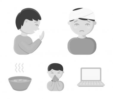 Bandajlı kafası olan bir adam, öksürük, bir adam bir adam bir sümük, bir kase, bir kase sıcak suyu mendilin sokuyor. Tek renkli stil vektör simge stok çizim web hasta küme koleksiyon simgeler.