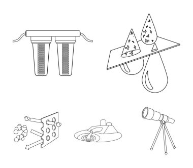 Arıtma, su, filtre, filtrasyon. Su filtrasyon sistemi toplama simgeler anahat stili vektör simge stok çizim web içinde ayarla..