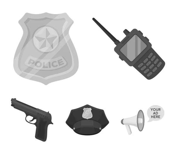 Rádió, rendőrök jelvény, egységes sapka, pisztoly. Rendőrség készlet gyűjtemény ikonok-ban fekete-fehér stílus vektor szimbólum stock illusztráció web. — Stock Vector