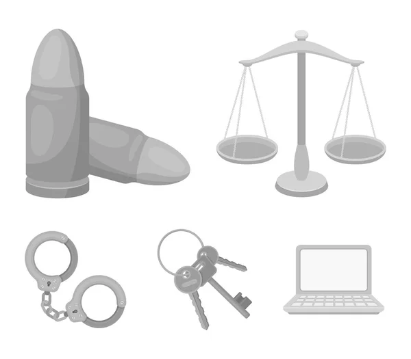 Scales of justice, cartridges, a bunch of keys, handcuffs.Prison set collection icons in monochrome style vector symbol stock illustration web. — Stock Vector
