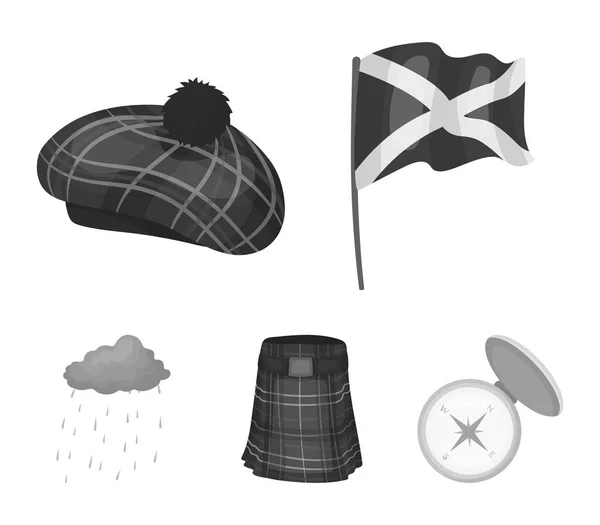 Drapeau, kilt, temps pluvieux, cap.Scotland country set collection icônes en monochrome style vectoriel symbole illustration web . — Image vectorielle