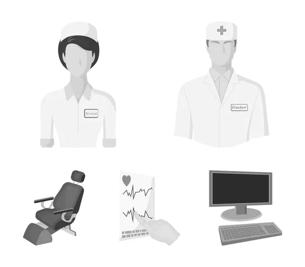 Le médecin traitant, l'infirmière, le cardiogramme du cœur, la chaise dentaire. Icônes de collection Medicineset en monochrome style vectoriel symbole illustration web . — Image vectorielle