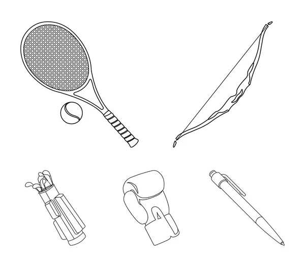 Bow for shooting at the target, racket with a ball for playing in a tennis court, a glove for boxing, a cover, a drawer for golf clubs. Sport set collection icons in outline style vector symbol stock — Stock Vector