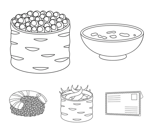 Tál leves, kaviár, garnélarák, rizzsel. Sushi készlet gyűjtemény ikonok-ban fekete-fehér stílus vektor szimbólum stock illusztráció web. — Stock Vector