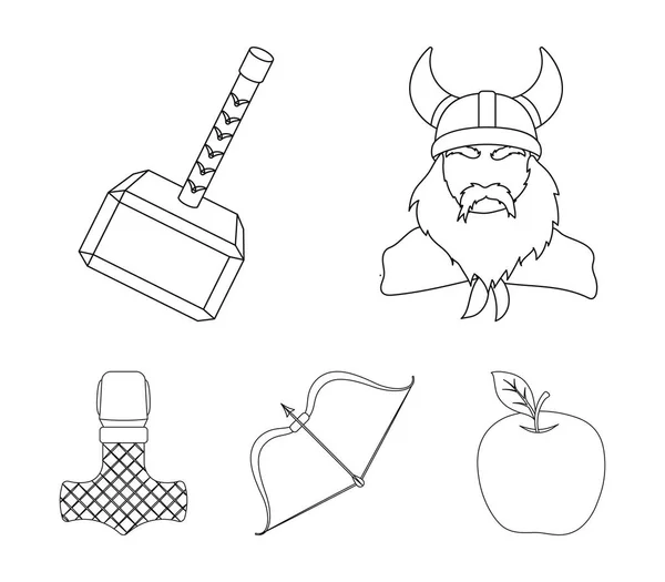 Viking στο κράνος με κέρατα, mace, τόξο με το βέλος, θησαυρός. Βίκινγκς που συλλογή εικονιδίων στο περίγραμμα στυλ διάνυσμα σύμβολο μετοχής εικονογράφηση web. — Διανυσματικό Αρχείο