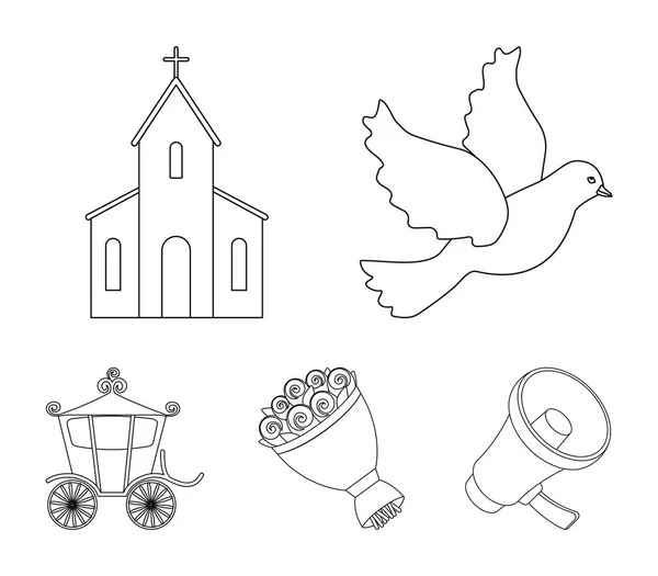 Pigeon, église, bouquet de mariage, carrosse. Ensemble de mariage collection icônes dans le style contour vectoriel symbole illustration web . — Image vectorielle