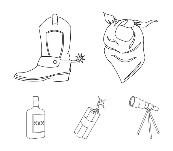Kötést, csizma, dinamit és egy üveg whiskyt. Wild West településen vázlat stílusú vektor szimbólum stock illusztráció web ikonok gyűjtemény. — Stock Vector