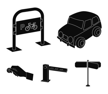 Araban, bariyer, Bisiklet park yeri, para el için ödeme Park. Buraya park edilmez toplama simgeler siyah stil vektör simge stok çizim web içinde ayarla..