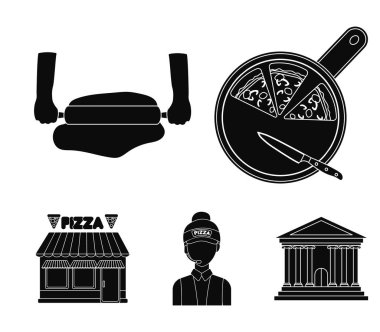 Bir kesme tahtası, bir satıcı, bir pizzacı, çalışırken bir test pizzaya. Pizza ve pizza toplama simgeler siyah stil vektör simge stok çizim web ayarla.