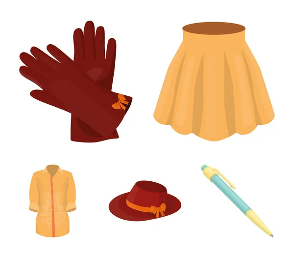 Юбка со складками, кожаные перчатки, женская шляпа с бантиком, рубашка на застежке. Иконки коллекции женской одежды в стиле мультфильма . — стоковый вектор