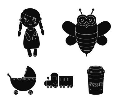 Arı, Bez Bebek, tren, bebek arabası. Oyuncak toplama simgeler siyah stil vektör simge stok çizim web içinde ayarla..