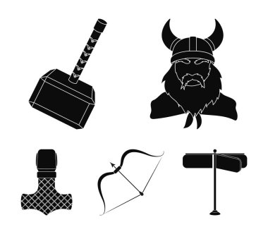 Viking boynuzları, mace, kask içinde hazine ile ok, yay. Vikingler toplama simgeler siyah stil vektör simge stok çizim web içinde ayarla..