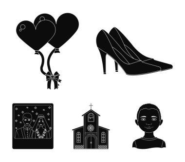 Şık Düğün Ayakkabı topuklu, tören, bir vitray pencere ve bir çan, gelin ve damat resmi bir kilise için balonlar ile. Düğün toplama simgeler siyah stil vektör ayarla.