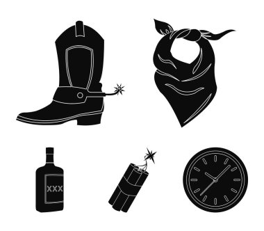 Bandaj, çizme, dinamit ve bir şişe viski. Vahşi Batı toplama simgeler siyah stil vektör simge stok çizim web içinde ayarla..