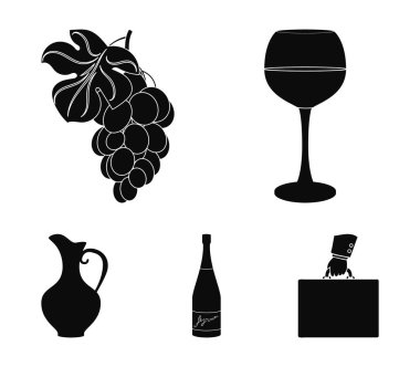 Bir bardak kırmızı şarap, şampanya, şarap bir şişe, bir grup. Şarap üretimi toplama simgeler siyah stil vektör simge stok çizim web içinde ayarla..