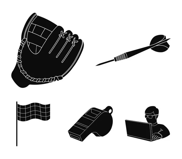 Darts for the game of darts, whistle for the referee, glove for playing baseball, checkbox for the football field. Sport set collection icons in black style vector symbol stock illustration web. — Stock Vector