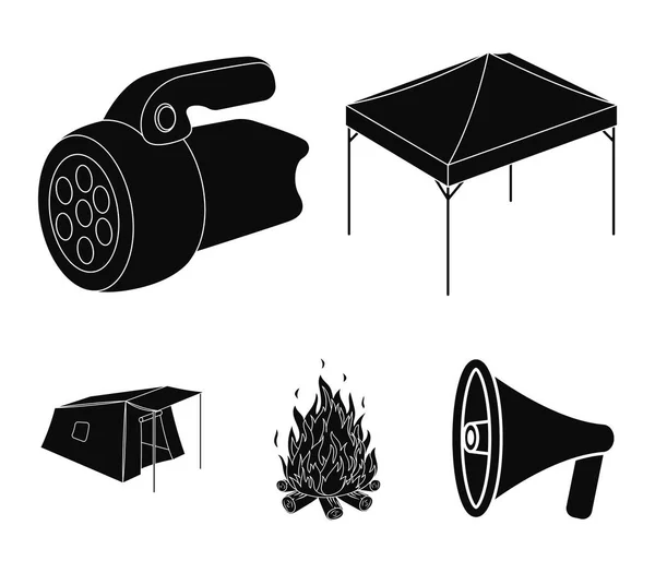 Навесы, огонь и другие туристические оборудования.Набор палаток иконки в черном стиле векторные символы фондового иллюстрации веб . — стоковый вектор