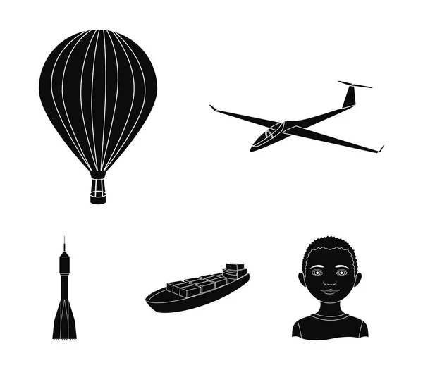Дрон, планер, воздушный шар, транспортная баржа, режимы транспортировки космических ракет. Иконки коллекции транспортного набора в паутине векторных символов черного стиля . — стоковый вектор