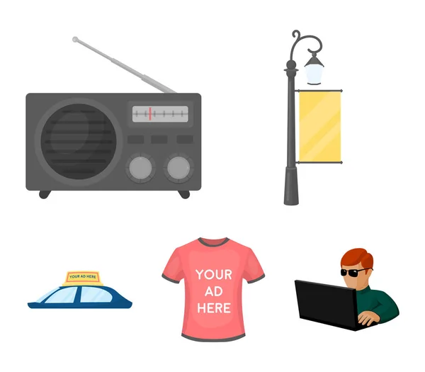 Bir işaret, bir T-shirt ile bir yazıt, bir radyo, bir araba çatı ile bir elektrik direği. Reklam, toplama simgeler karikatür tarzı vektör simge stok çizim web içinde ayarla. — Stok Vektör