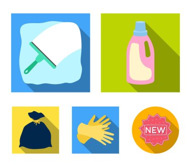 Çamaşır Temizleme, cam için bir fırça, çöp ve atık için siyah bir çanta için pembe şişe, sarı eldiven için jel. Düz stil vektör simge stok çizim web küme koleksiyon simgeleri Temizleme.