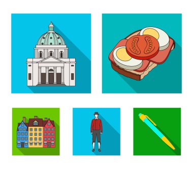 Danimarka, Tarih, Restoran ve diğer web simgesi düz tarzı. Sandviç, yemek, ekmek, küme koleksiyon simgeler.