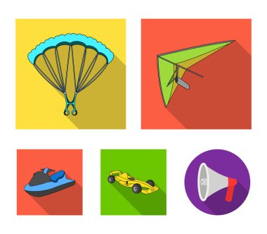 Hang glider, paraşüt, yarış arabası, su scooter. Aşırı spor toplama simgeler düz stil vektör simge stok çizim web içinde ayarla..